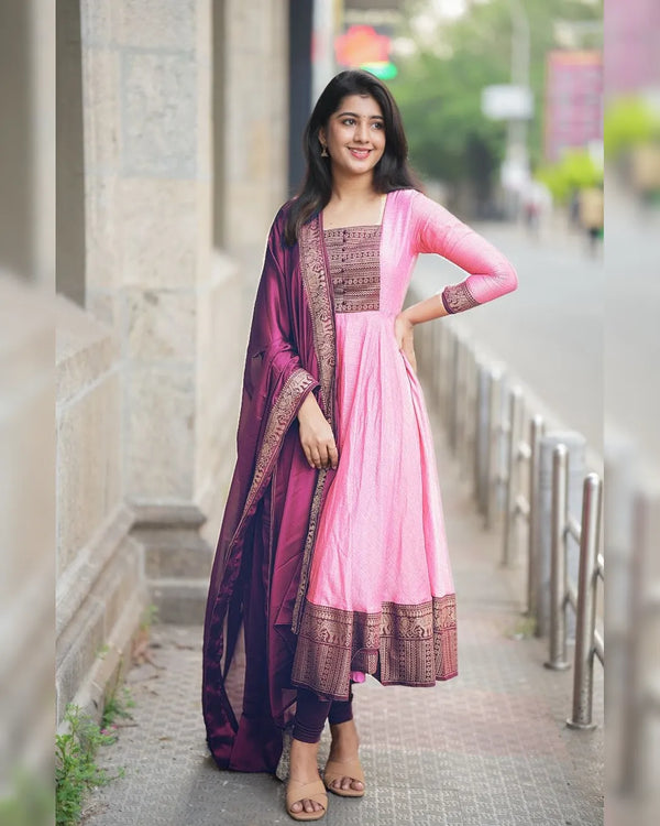 Vichitra Silk Jacquard Zari Weaving Gown with Dupatta