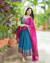Vichitra Silk Jacquard Zari Weaving Gown with Dupatta