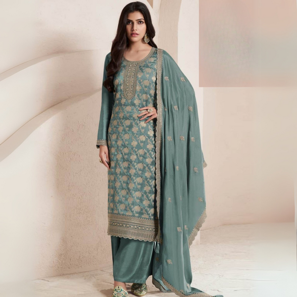 Premium Jacquard Silk Ensemble with Chinon Dupatta