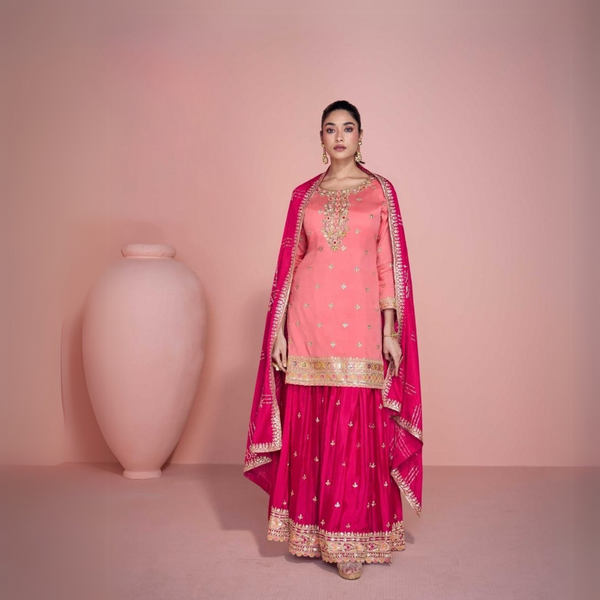 Elegant Chinon Silk Embroidered Suit