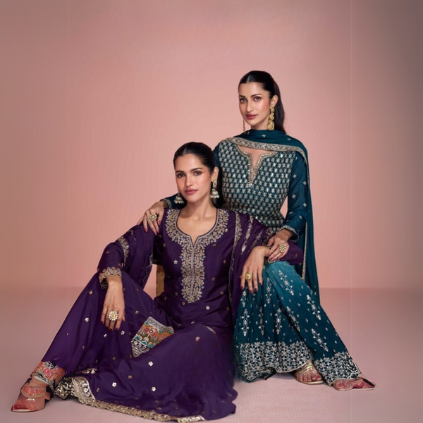Elegant Chinon Silk Embroidered Suit