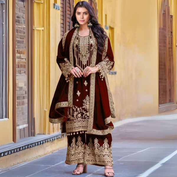 Velvet Elegance: Embroidered Codding Sequence Suit with Mirror Work