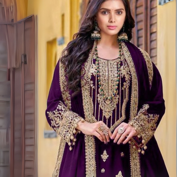 Velvet Elegance: Embroidered Codding Sequence Suit with Mirror Work