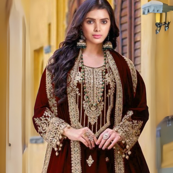 Velvet Elegance: Embroidered Codding Sequence Suit with Mirror Work