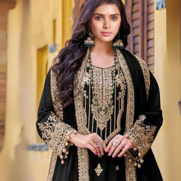 Velvet Elegance: Embroidered Codding Sequence Suit with Mirror Work