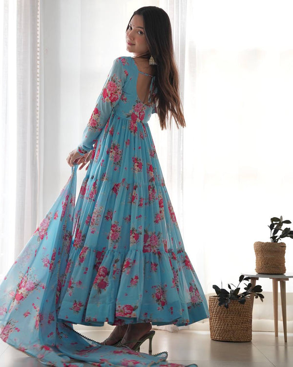 SKY BLUE COLOR SOFT GEORGETTE RUFFLE STYLE THREE PIECE ANARKALI SUIT