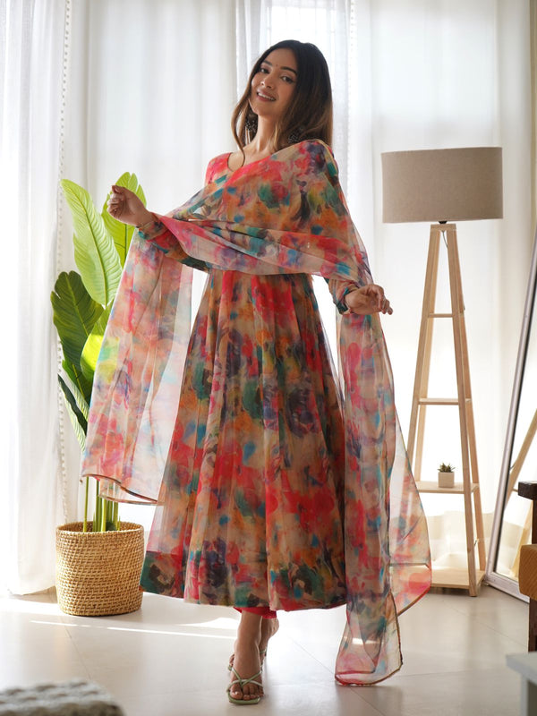 Multi Stains Digital Printed Pure Organza Anarkali Gown