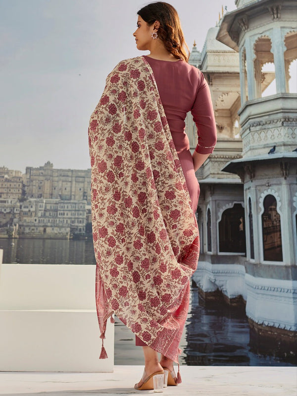 Brown Cotton Silk Embroidered with Print Work Pant Style Suit