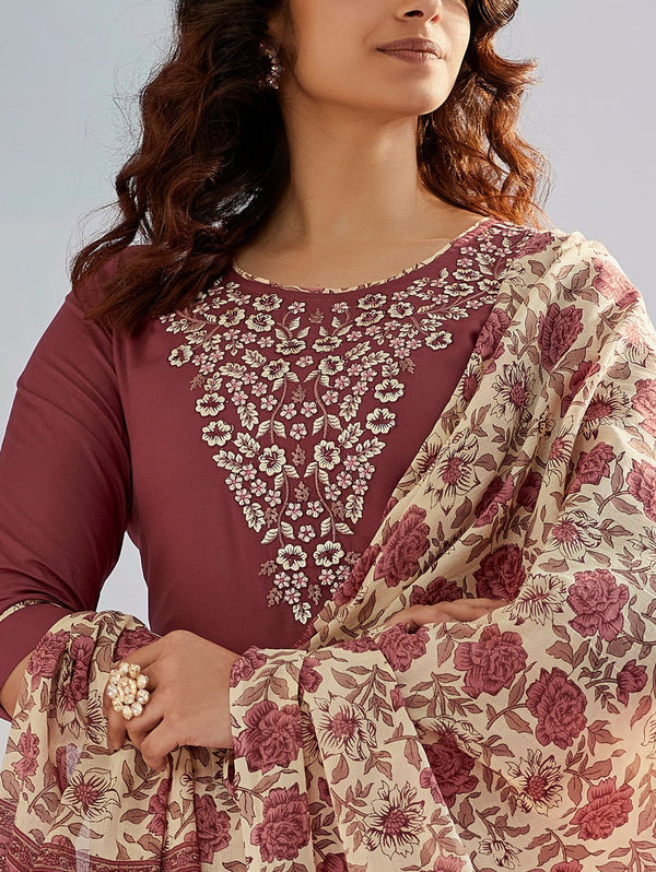 Brown Cotton Silk Embroidered with Print Work Pant Style Suit