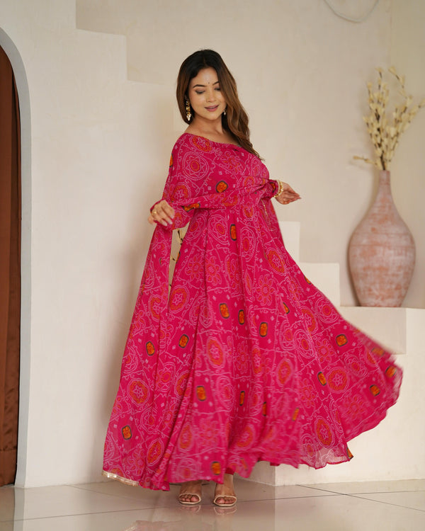 Pure Soft Chiffon Bandhej Anarkali Gown Set