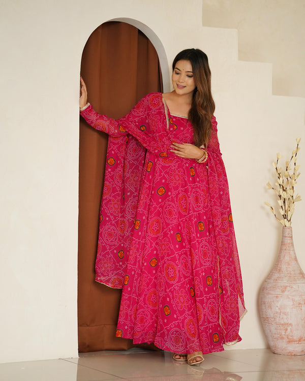 Pure Soft Chiffon Bandhej Anarkali Gown Set
