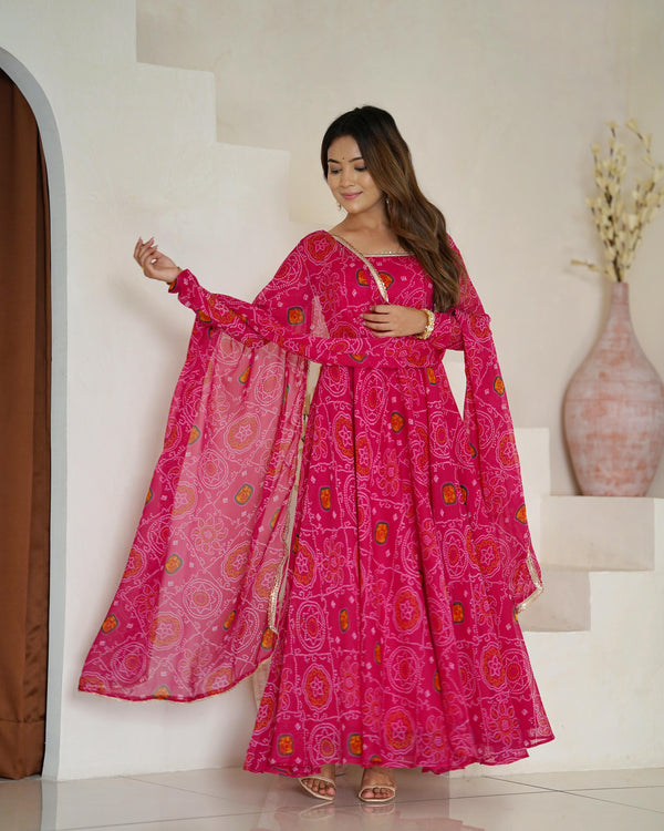 Pure Soft Chiffon Bandhej Anarkali Gown Set