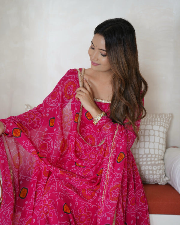 Pure Soft Chiffon Bandhej Anarkali Gown Set