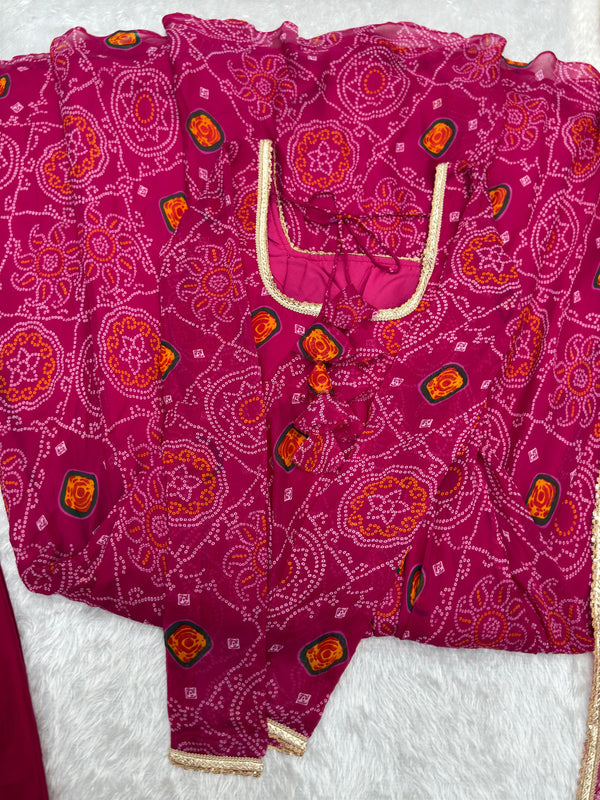 Pure Soft Chiffon Bandhej Anarkali Gown Set