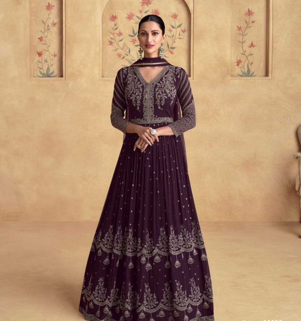 Embroidered Chinnon Silk Wedding Style Dori Work Gown