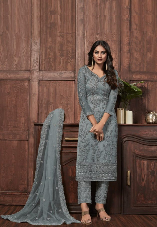 Latest Net Embroidered Stone Work Trouser Suit