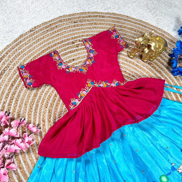 Sky-Red & Sky-Pink Embroidered Blouse-Skirt Set