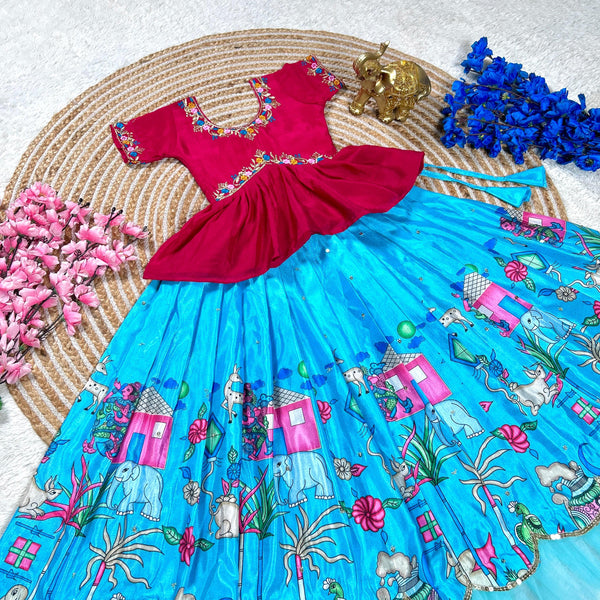 Sky-Red & Sky-Pink Embroidered Blouse-Skirt Set