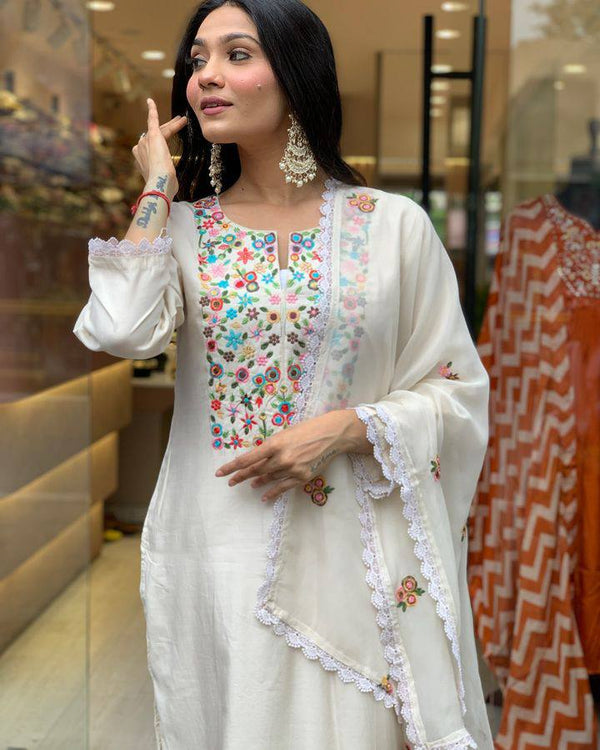 White Women Embroidered Chanderi Silk Kurta Set