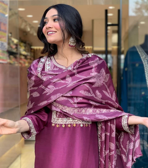 Wine Viscose Chanderi Designer Embroidery Work Suit