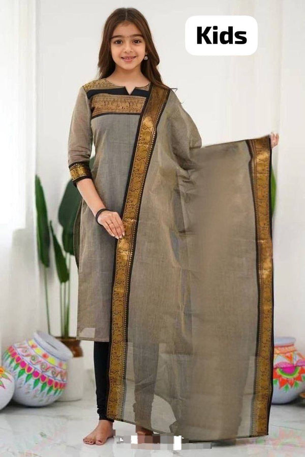 Silk Cotton Kurti and Dupatta Set for Kids