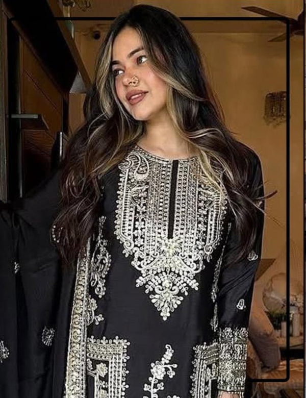 Chinnon with Heavy Embroidery Coding Dori-Sequence work Suit