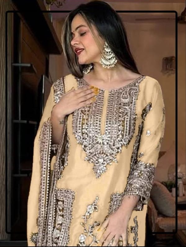Chinnon with Heavy Embroidery Coding Dori-Sequence work Suit