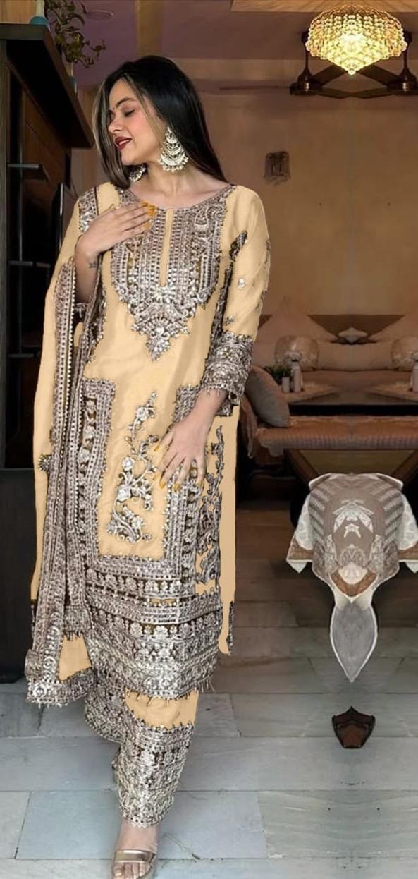 Chinnon with Heavy Embroidery Coding Dori-Sequence work Suit