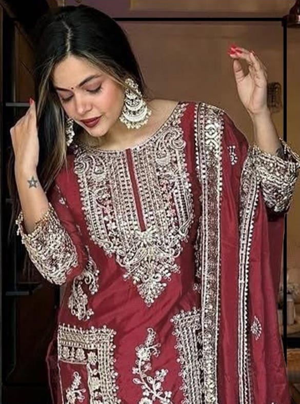 Chinnon with Heavy Embroidery Coding Dori-Sequence work Suit