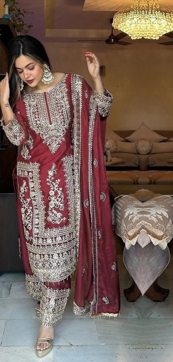 Chinnon with Heavy Embroidery Coding Dori-Sequence work Suit