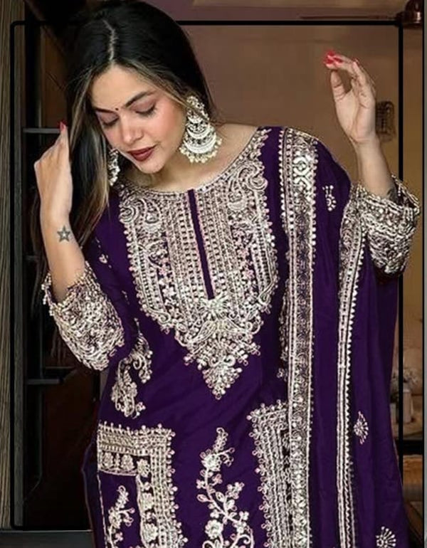 Chinnon with Heavy Embroidery Coding Dori-Sequence work Suit