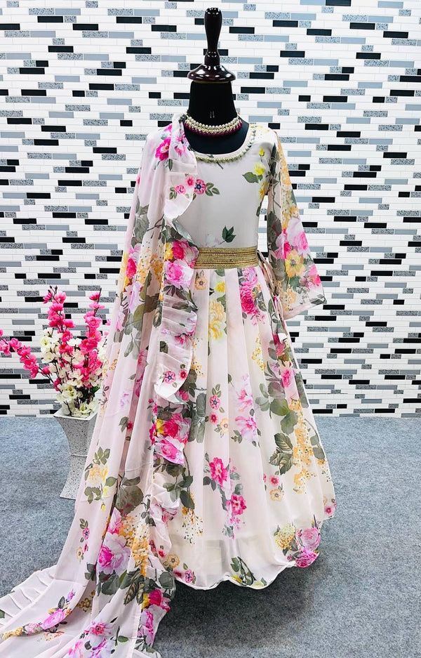 Pastel Peach Floral Printed Anarkali for Girls