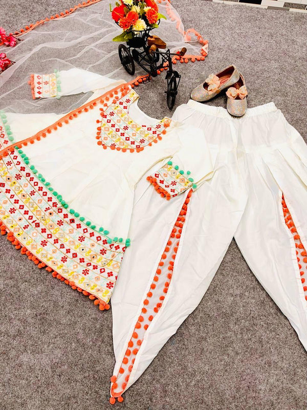 Cream White Punjabi Dhoti Suit for Girls