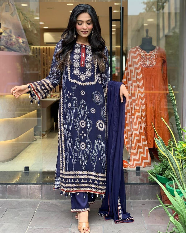 Blue Colur Beautiful Neck Hand Work Cotton Lining Suit Set