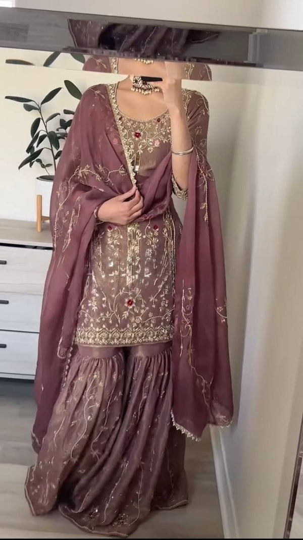 Designer Simmer Silk Top-Plazzo Dupatta Set with Sequence Work