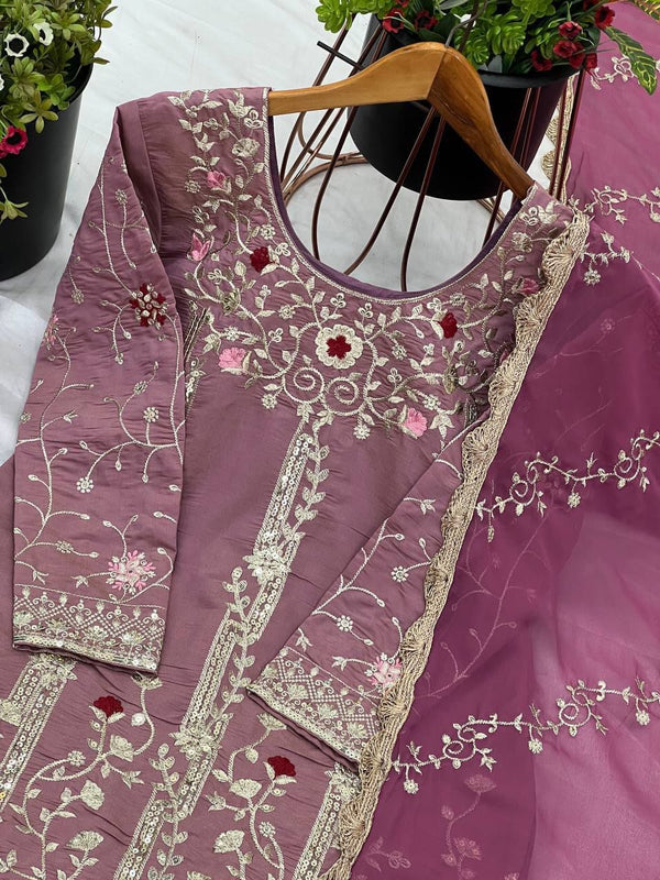 Designer Simmer Silk Top-Plazzo Dupatta Set with Sequence Work