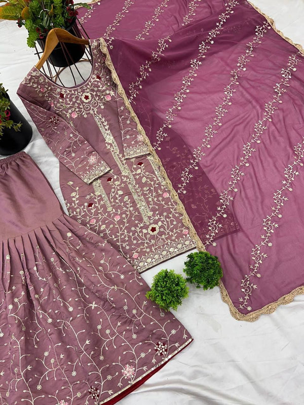 Designer Simmer Silk Top-Plazzo Dupatta Set with Sequence Work