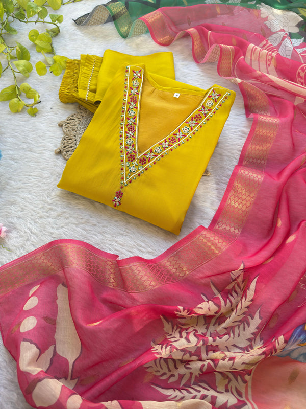 Silk Symphony: A Royal Ensemble of Kurti, Pant, and Dupatta