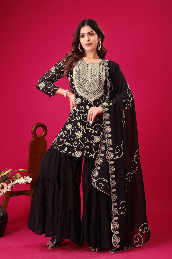 Regal Elegance: Georgette Embroidery Top Sharara Plazzo Dupatta Set