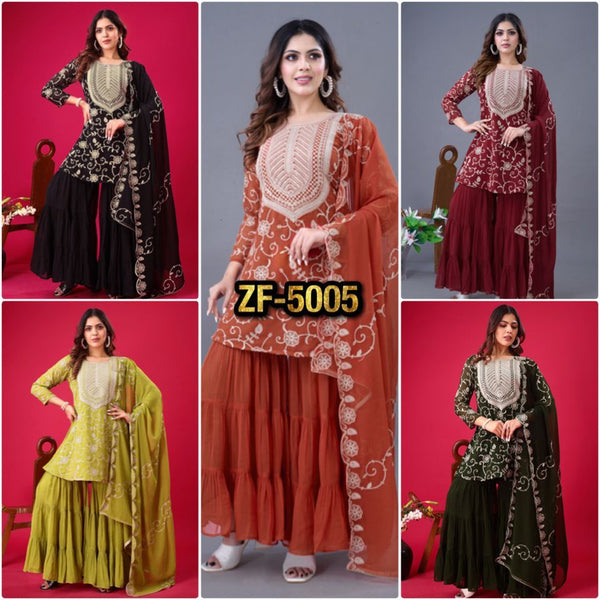 Regal Elegance: Georgette Embroidery Top Sharara Plazzo Dupatta Set