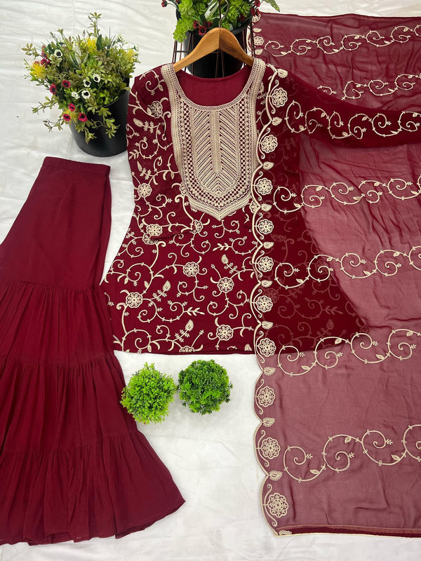 Regal Elegance: Georgette Embroidery Top Sharara Plazzo Dupatta Set