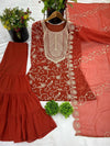 Regal Elegance: Georgette Embroidery Top Sharara Plazzo Dupatta Set
