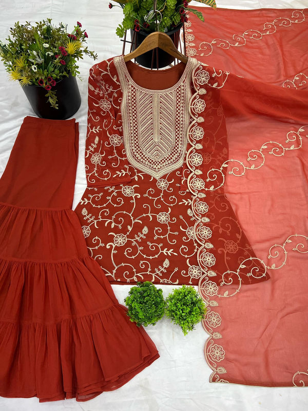 Regal Elegance: Georgette Embroidery Top Sharara Plazzo Dupatta Set