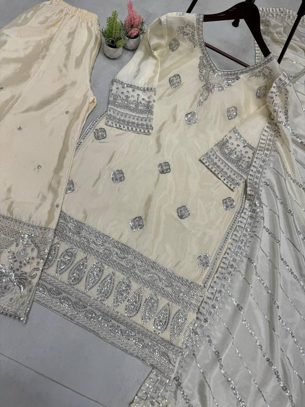 Desirable Fancy Chinon Sequence Embroidered Set