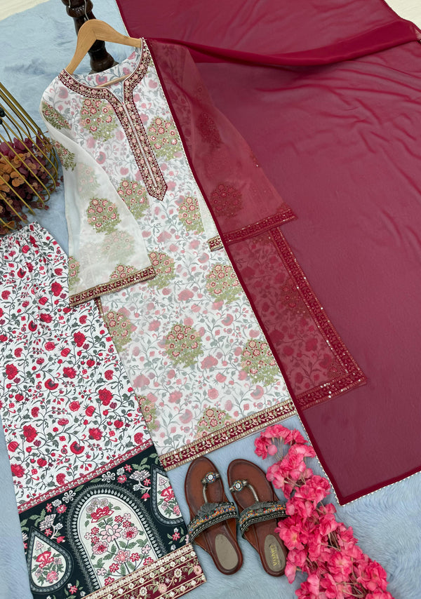 Embroidered Georgette Top with Crepe Palazzo