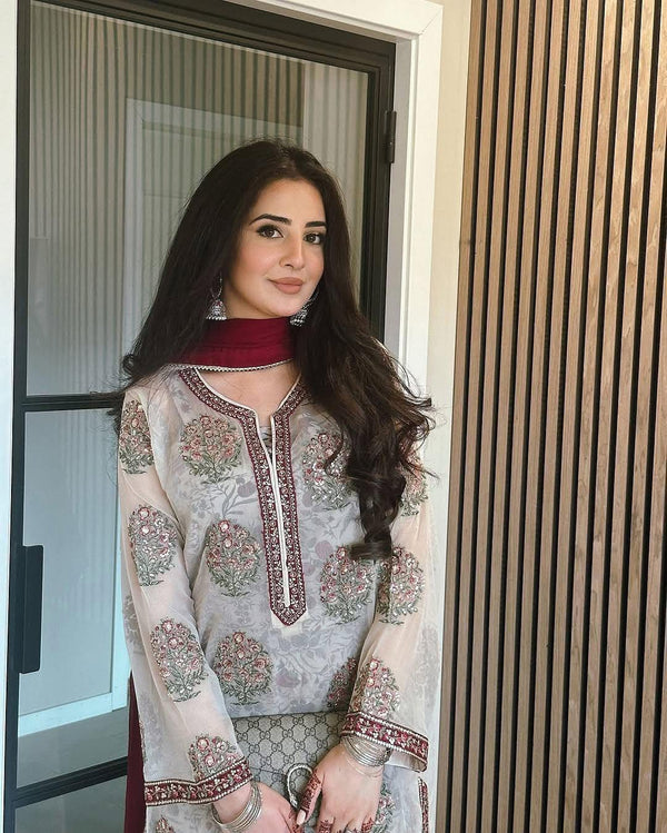 Embroidered Georgette Top with Crepe Palazzo