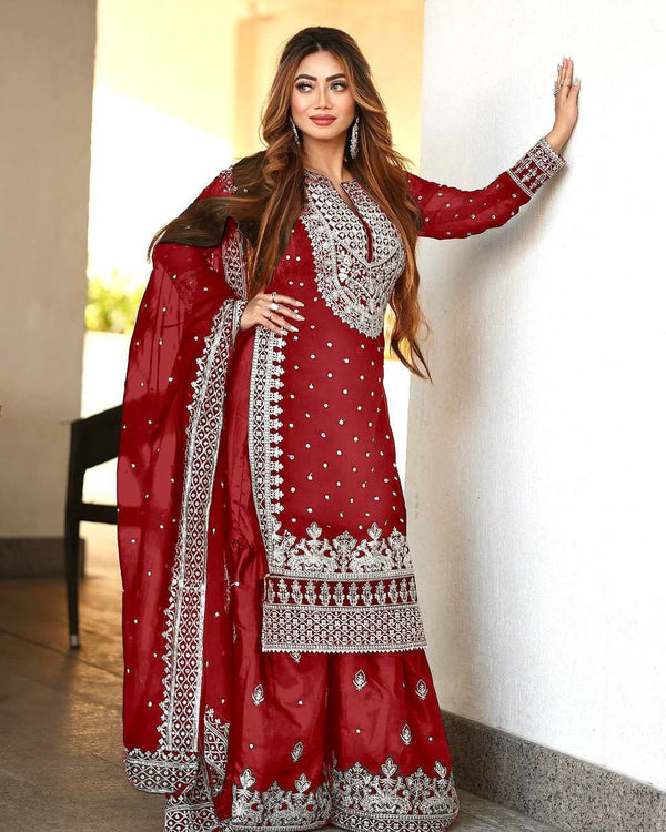 Heavy Embroidery Sequence Work Top-Gharara And Dupatta Set