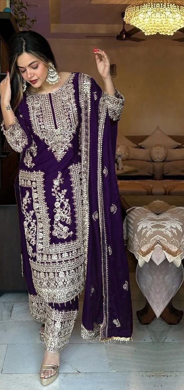 Chinnon with Heavy Embroidery Coding Dori-Sequence work Suit