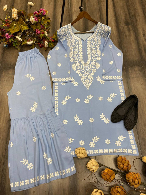 Rayon Cotton Chikankari Thread Embroidery work Kurti Sharara Set