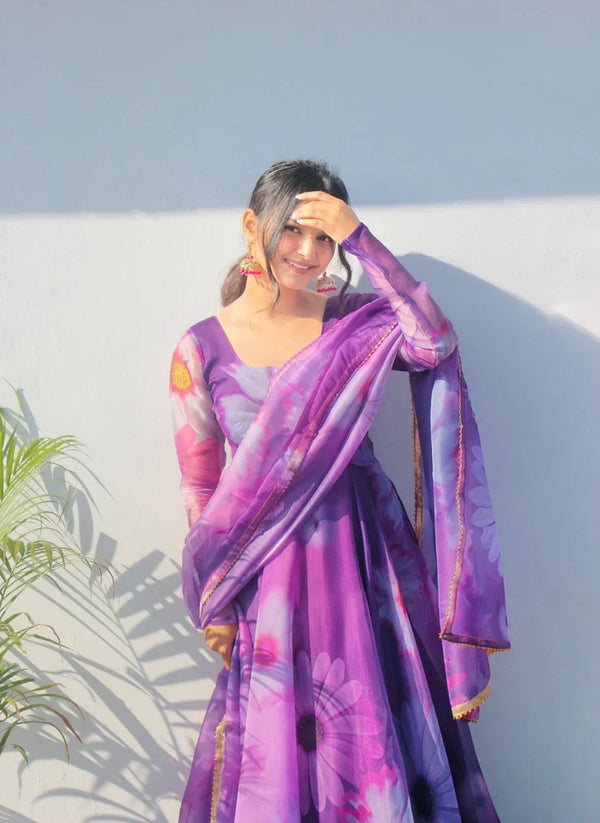 Elegant Party Wear Organza Taby Silk Gown with Dupatta